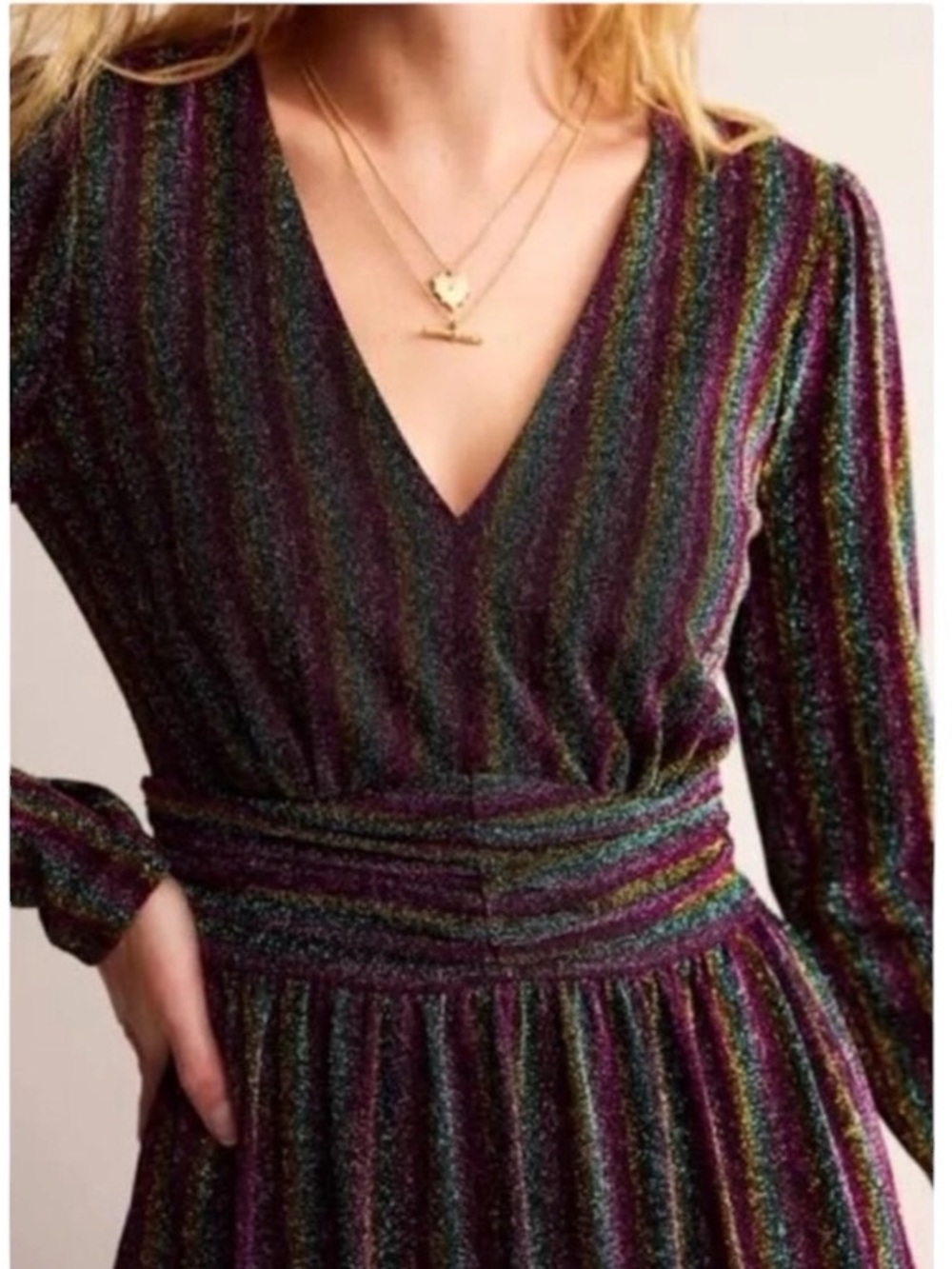 Boden Shimmer Glitter Long Sleeve Stripe Midi Dress Red‎ Black Green Size 8 - Picture 3 of 12